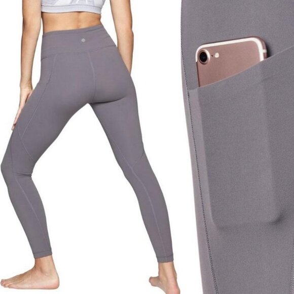 Athleta Silver Bells Stash Pocket Salutation Size XS Leggings Grey Compression - Picture 2 of 15